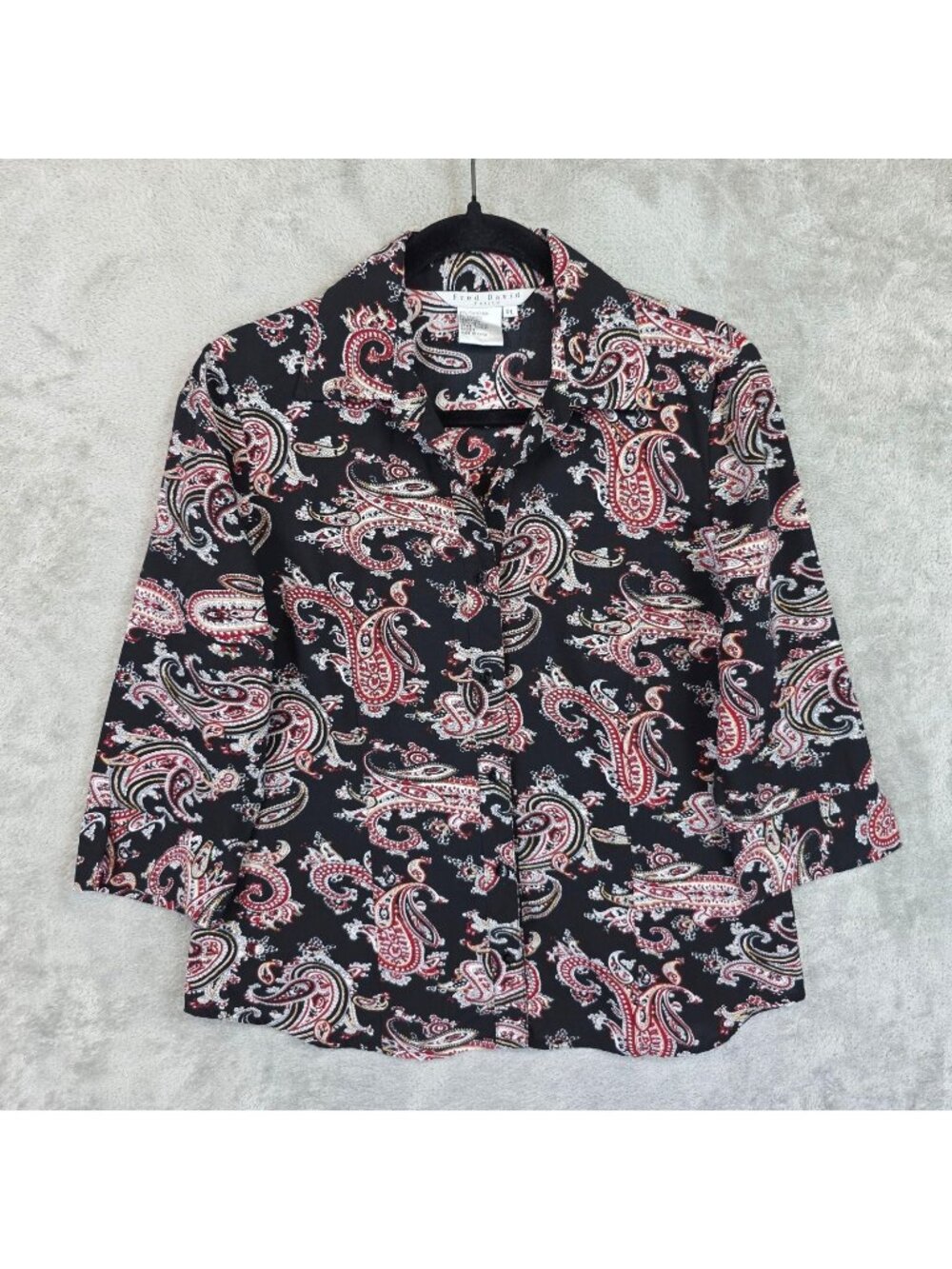 Fred David Button Up Shirt Womens PL Black Metallic Paisley Collared 3/4 Sleeve
